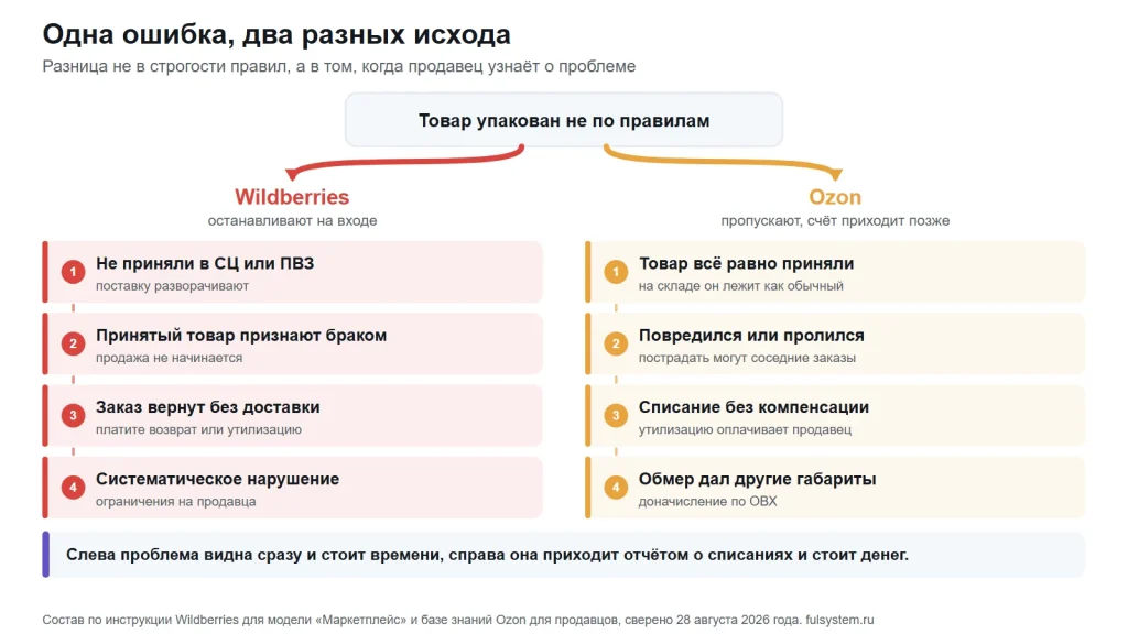 Две цепочки последствий от одной ошибки: у Wildberries не приняли в сортировочном центре, признали браком, вернули без доставки, ограничения; у Ozon приняли, товар повредился, списание без компенсации, доначисление по объёмно-весовым характеристикам