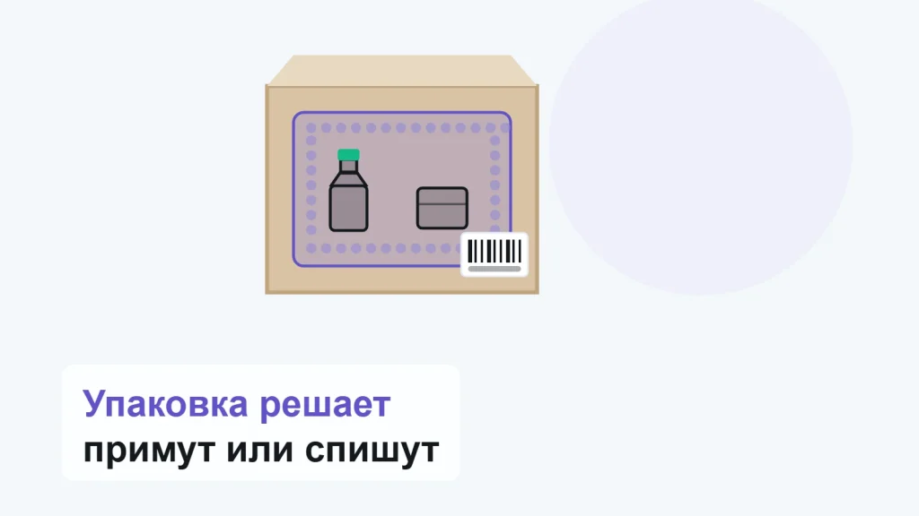 Короб в разрезе: внутри пакет, кольцо пузырчатой плёнки, флакон и небольшая коробка, снаружи на коробе наклеен стикер со штрихкодом