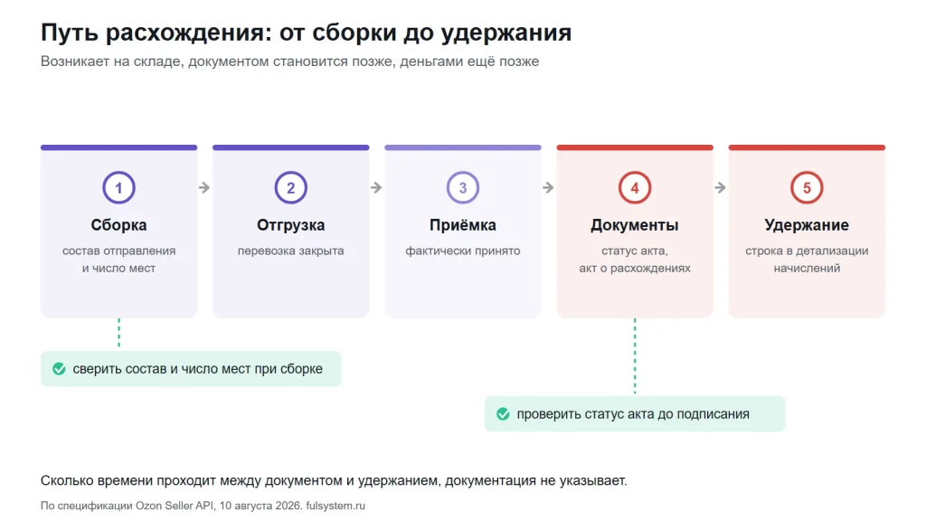 Пять шагов пути расхождения: сборка, отгрузка, приёмка, документы, удержание в детализации начислений