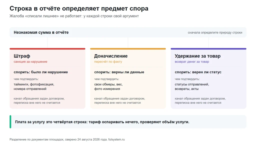 Три ветки от незнакомой суммы в отчёте: штраф, доначисление и удержание за товар, у каждой свой предмет спора и свой набор доказательств
