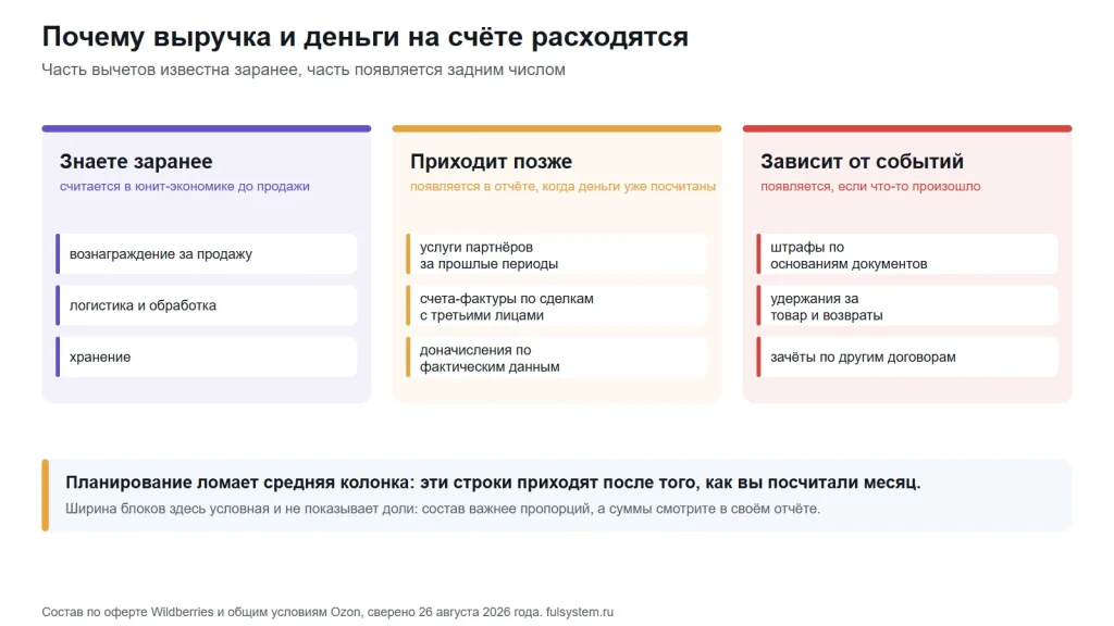 Три колонки вычетов: известные заранее вознаграждение и логистика, приходящие позже услуги партнёров и счета-фактуры, зависящие от событий штрафы и удержания