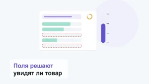 Форма карточки товара: заполненные поля зелёным, два пустых поля обведены красным пунктиром, у первой строки счётчик символов, справа шкала оценки заполнения