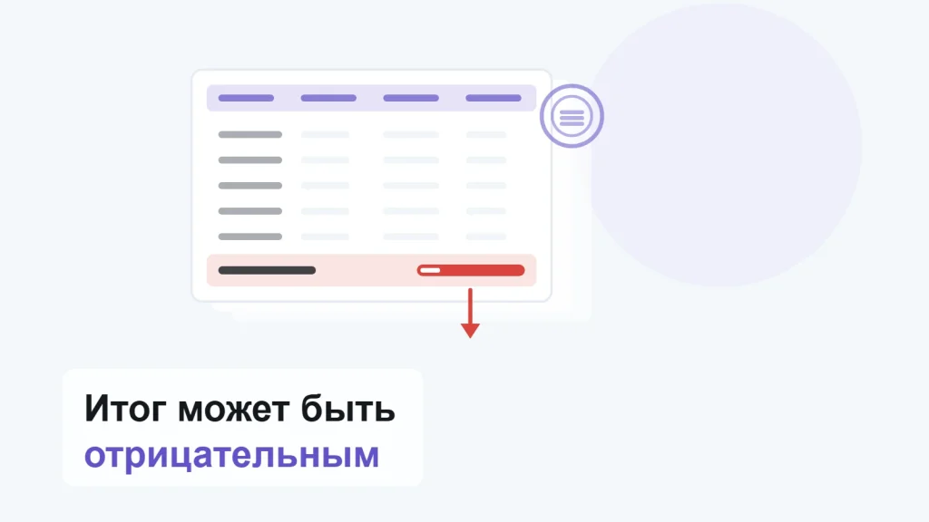 Лист отчёта со столбцами, последняя строка итога подсвечена красным и от неё вниз идёт красная стрелка, рядом круглая печать и листы печатных форм позади